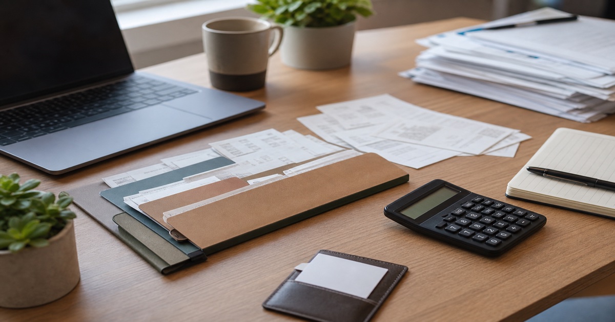 Independent contractor desk with expense receipts, calculator, and income tracking