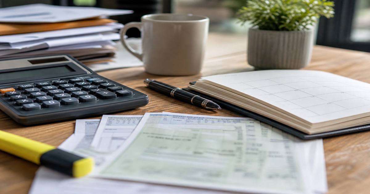 Estimated tax planning desk with calculator, calendar, and payment worksheets