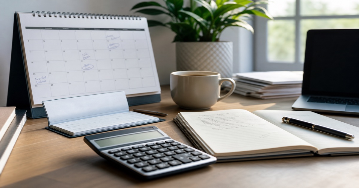 Tax planning desk with calendar, calculator, and quarterly estimated payment materials