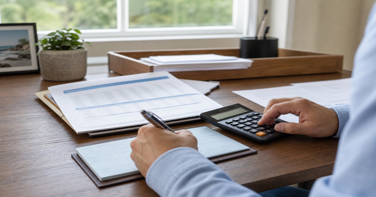 S corporation payroll planning desk with calculator and business checkbook