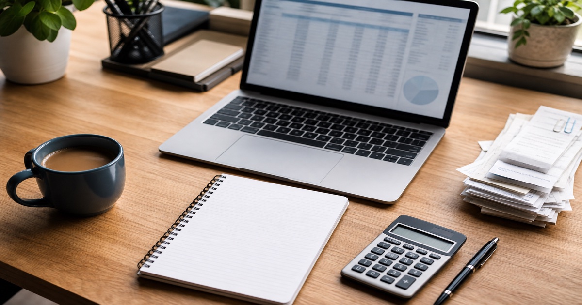 Freelancer desk with laptop, calculator, and tax planning notes for self-employment tax